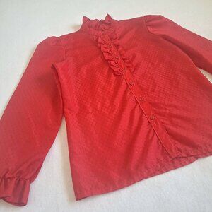 💙 Vintage Lucky Winner Ruffle Blouse Size M/L Fall Winter Red Puff Sleeves